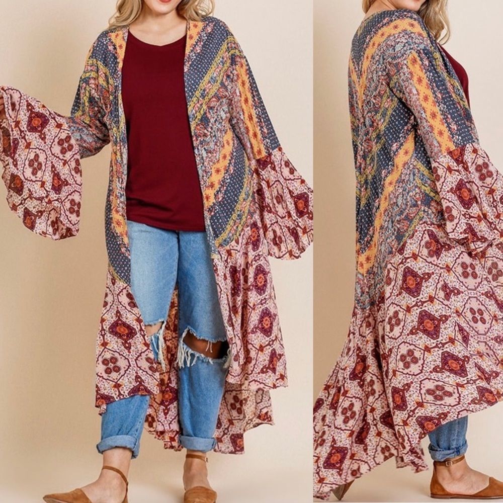 0️⃣1️⃣ Umgee Womens Kimono Patchwork Plus Size 1X Bell Trumpet Sleeves